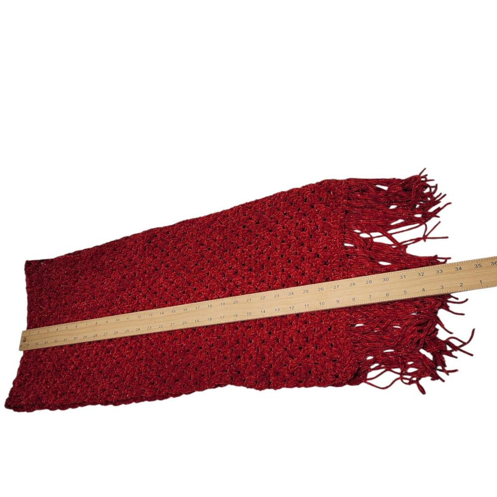 Handmade Red Velvety Smooth Sparkle Crochet Scarf Shawl with Fringe Open Weave - Picture 8 of 9